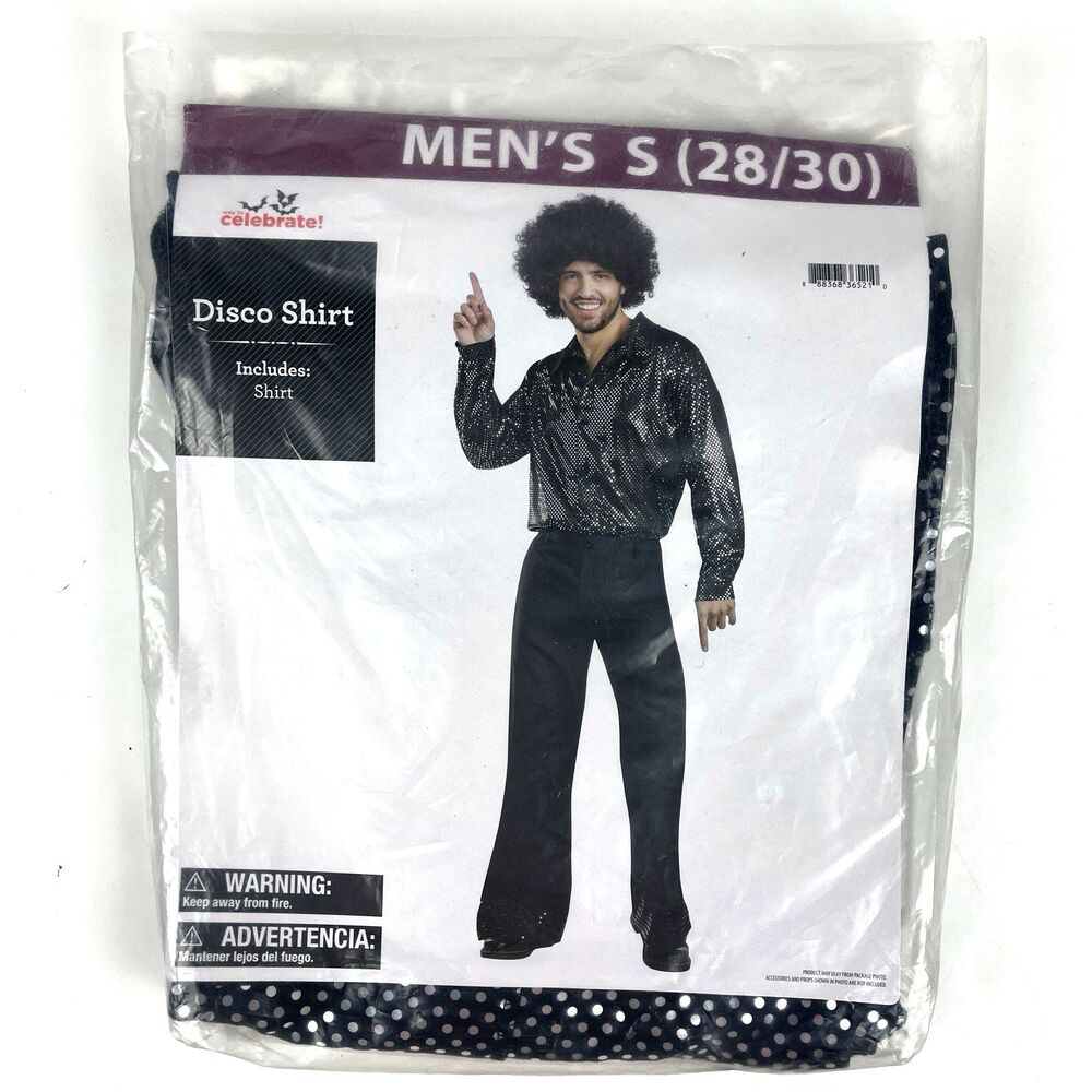 Mens Disco Shirt Costume Black Metallic silver sequins Halloween Party SZ Small